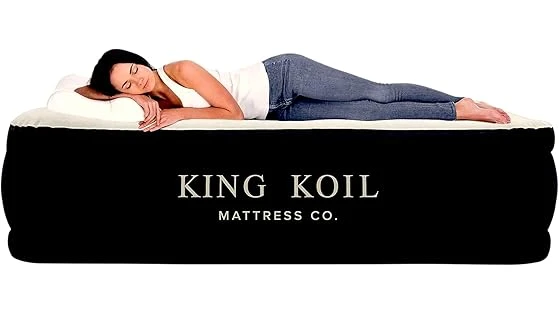 The image shows an opulent air mattress in a luxurious bedroom, hinting at elite comfort.