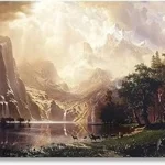 The image shows a stunning, expansive landscape painting by Albert Bierstadt, likely a top expensive artwork.