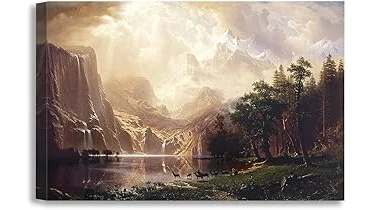 The image shows a stunning, expansive landscape painting by Albert Bierstadt, likely a top expensive artwork.