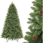 This image shows a luxurious, pre-lit artificial Christmas tree decorated with ornaments and baubles.