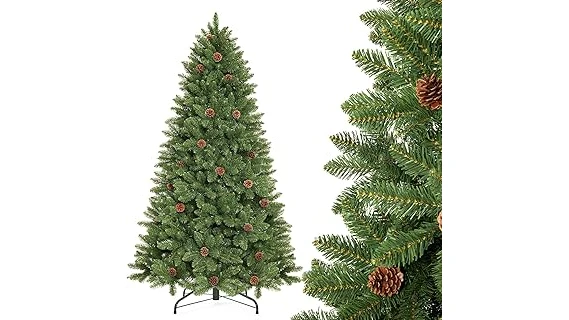 This image shows a luxurious, pre-lit artificial Christmas tree decorated with ornaments and baubles.