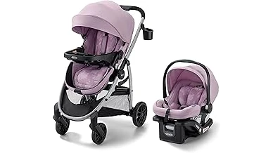 The image shows a sleek, high-end car seat and stroller combo, a top contender for expensive travel systems.