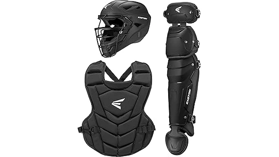 The image shows a high-end catcher's helmet and chest protector, representing the best expensive catcher's gear.