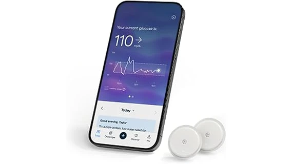 This image shows a selection of advanced, sleek continuous glucose monitoring devices used to track blood sugar levels.