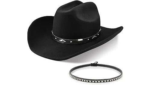 The image shows several elegantly crafted cowboy hats, highlighting luxury headwear from top brands.