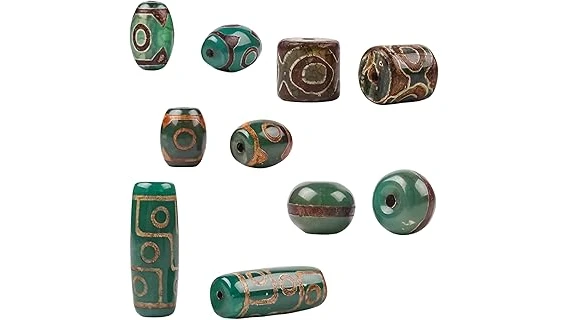 The image shows a collection of precious and ancient Dzi beads, highlighting rare examples from a top 10 list.