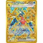 The image shows a rare, valuable gold Pokemon card, a top contender for most expensive.