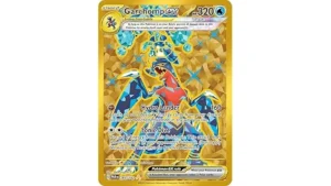 The image shows a rare, valuable gold Pokemon card, a top contender for most expensive.