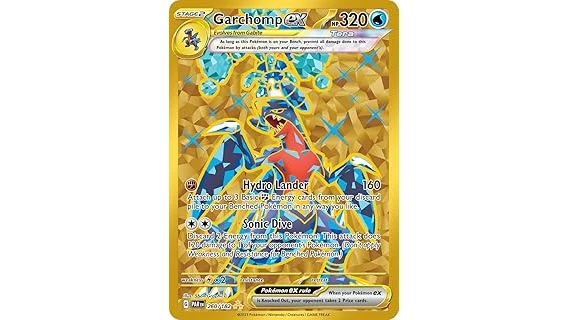 The image shows a rare, valuable gold Pokemon card, a top contender for most expensive.