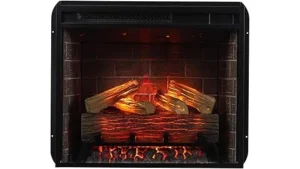 The image shows a modern electric fireplace with a realistic flame effect, illustrating expensive heating options.