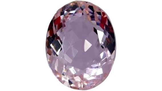 This image shows a stunning, large faceted kunzite gemstone with a soft pink hue.