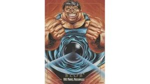 The image shows a collection of highly valuable 1990s Marvel trading cards featured in a blog post.