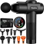 This image shows a sleek, high-end massage gun used for recovery and muscle relief.