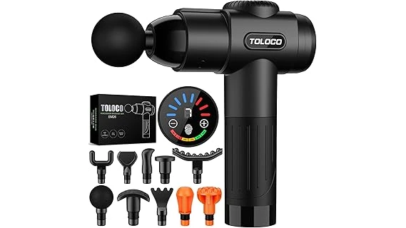 This image shows a sleek, high-end massage gun used for recovery and muscle relief.