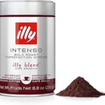 The image shows a close-up of rare, dark roasted coffee beans, hinting at exclusive flavors for coffee connoisseurs.