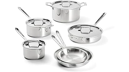 The image shows a luxurious collection of high-end cookware, representing expensive pots and pans brands.