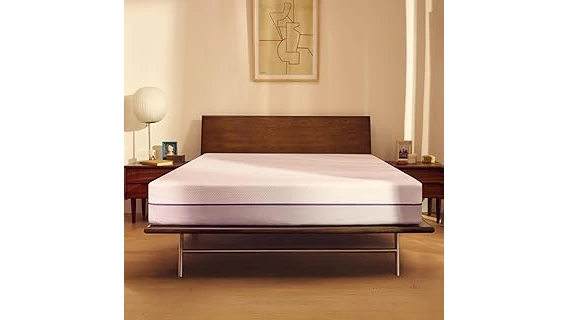 The image shows a luxurious, purple hybrid mattress with a serene, bedroom setting.