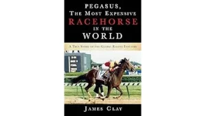 The image shows a majestic thoroughbred horse with a powerful build, ready for the track in a race.