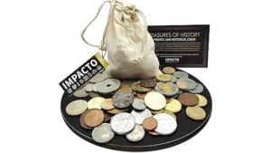This image shows a collection of gleaming, valuable coins, likely from the Top 10 Most Expensive Rare Coins list.
