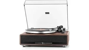 The image shows an elegant, modern record player, highlighting premium audio equipment for enthusiasts.