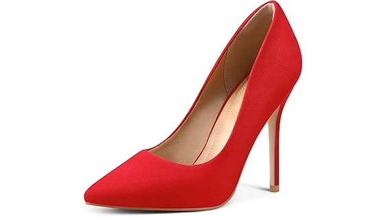 This image shows a selection of luxurious, high-heeled shoes with signature red soles.