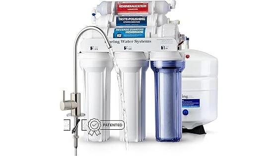 The image shows a sleek, high-end reverse osmosis water filter system as part of a top 10 list.