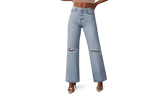 This image shows a pair of designer ripped jeans with unique embellishments, highlighting expensive denim trends.