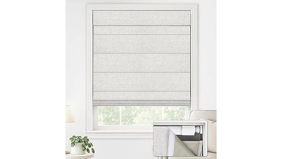 The image shows luxurious, custom Roman shades in a beautifully decorated living room, hinting at the top 10 most expensive options.