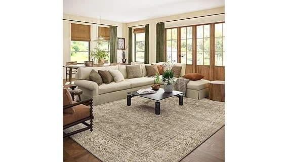 The image shows a luxurious, intricately patterned Persian rug in a well-decorated living room setting.