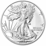 The image shows a brilliant uncirculated Silver Eagle coin, likely a valuable collectible from the Top 10 list.