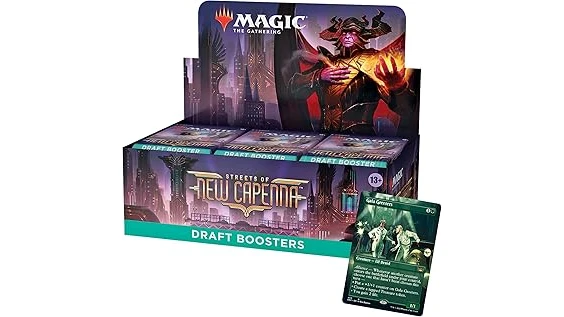 The image shows a vibrant collage of rare, high-value Streets of New Capenna cards from a popular trading card game.