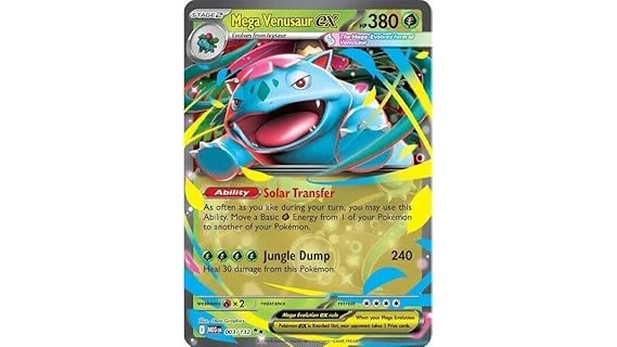 The image shows a valuable holographic vintage Venusaur Pokémon card, likely featured in a top 10 list.