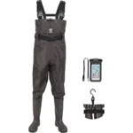 This image shows an angler wearing high-quality waders in a scenic outdoor fishing environment.