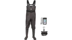 This image shows an angler wearing high-quality waders in a scenic outdoor fishing environment.