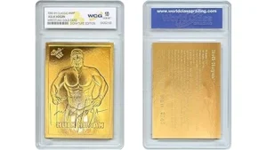 The image shows rare wrestling trading cards, highlighting the most expensive collectibles.