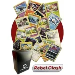 This image shows rare collectible cards from a popular trading game, highlighting expensive Rebel Clash editions.