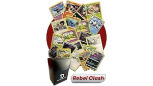 This image shows rare collectible cards from a popular trading game, highlighting expensive Rebel Clash editions.