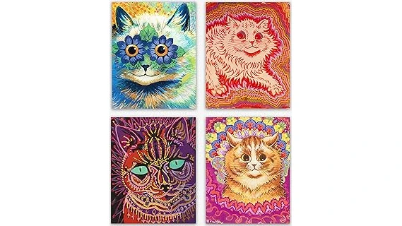 The image shows a whimsical cat portrait, one of the top 4 most expensive Louis Wain paintings.