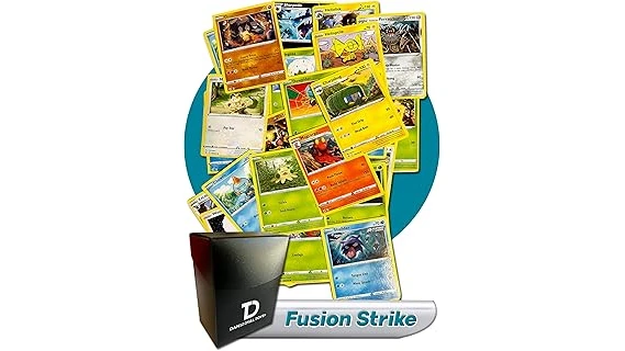 The image shows several collectible trading cards from the Fusion Strike set, highlighting valuable ones.